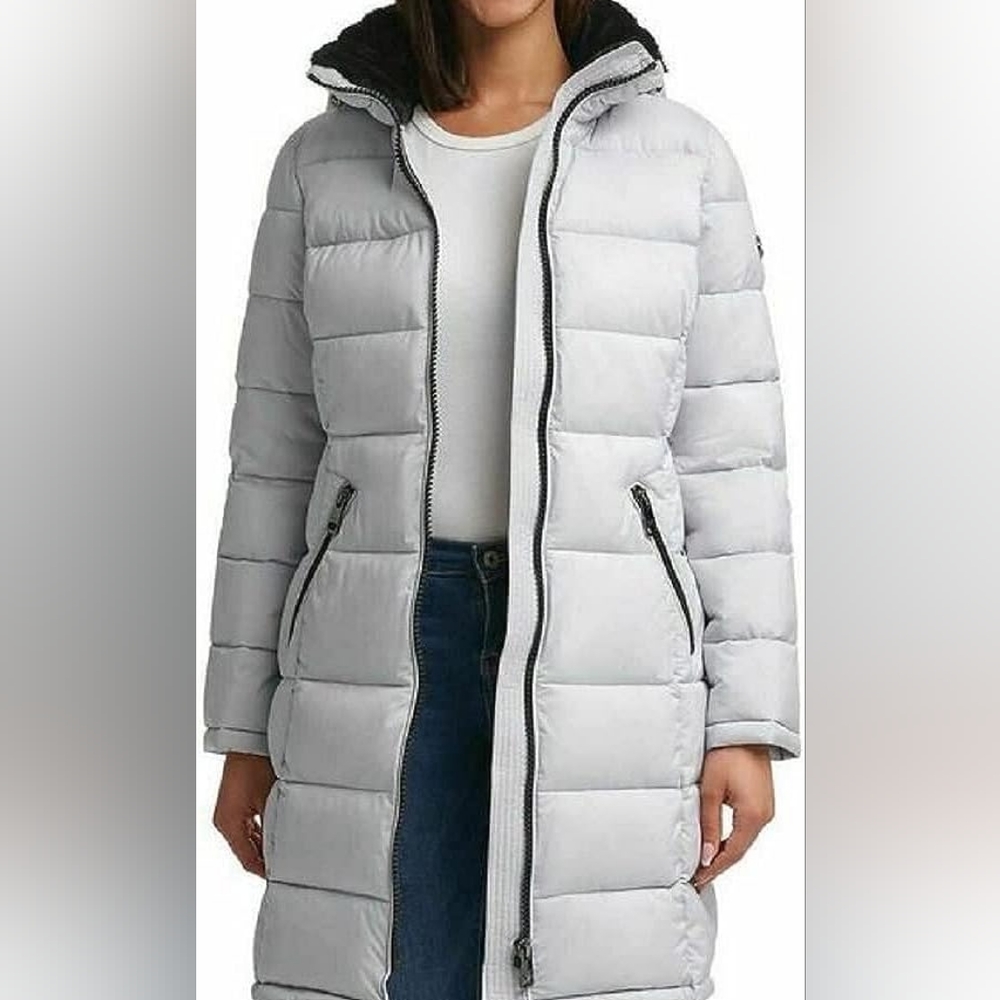 Andrew Marc Stretch Womens Full Zip Hooded Parka Jacket White Gray Size Large